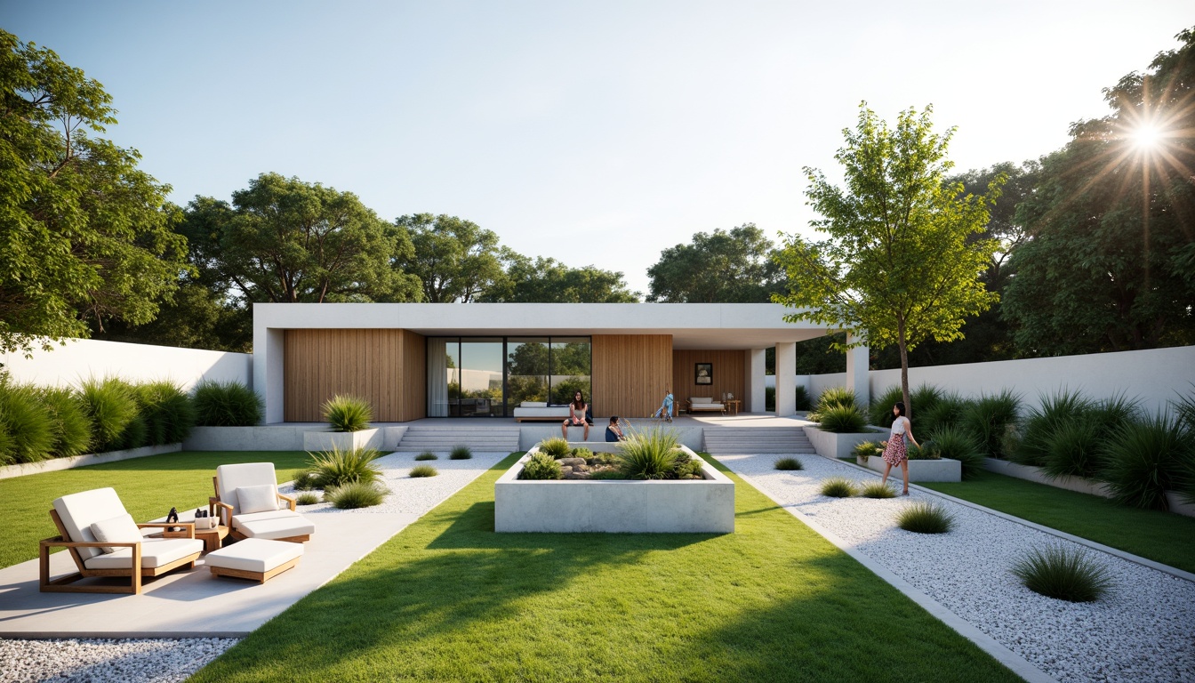 Prompt: Sleek villa, minimalist architecture, clean lines, simple forms, neutral color palette, lush greenery, trimmed hedges, manicured lawns, gravel pathways, natural stone walls, modern outdoor furniture, geometric planters, succulent arrangements, serene ambiance, warm sunny day, soft diffused lighting, shallow depth of field, 3/4 composition, panoramic view, realistic textures, ambient occlusion.