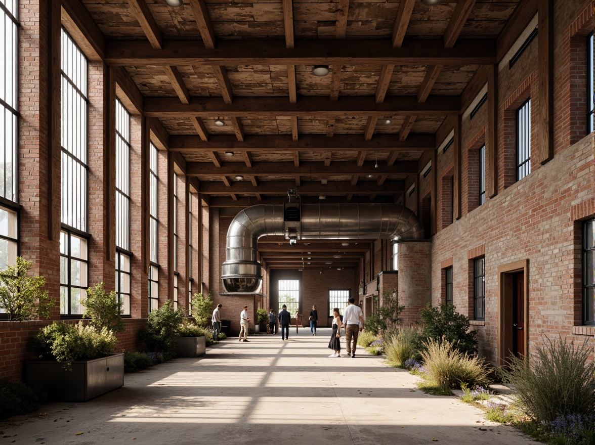 Prompt: Rustic industrial landscape, abandoned factories, worn brick walls, distressed metal roofs, reclaimed wood accents, earthy tones, natural textures, regional materials, local craftsmanship, exposed ductwork, concrete floors, steel beams, functional minimalism, industrial chic aesthetic, warm soft lighting, shallow depth of field, 1/1 composition, realistic renderings, ambient occlusion.