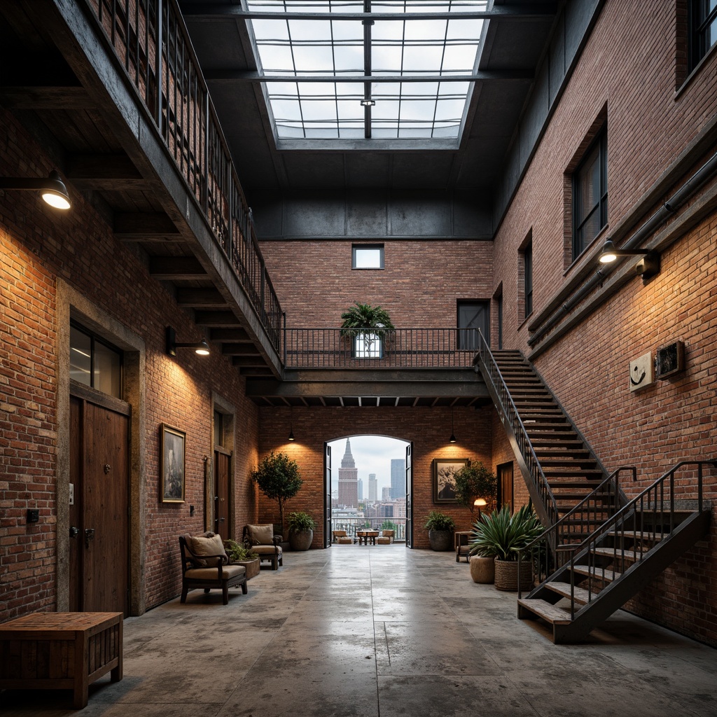 Prompt: Rustic industrial warehouse, exposed brick walls, metal beams, reclaimed wood accents, vintage machinery, distressed concrete floors, urban cityscape, cloudy grey sky, dramatic warm lighting, shallow depth of field, 1/1 composition, realistic textures, ambient occlusion, functional pipes, industrial-style lamps, metallic staircases, minimalist decor, modern urban living, converted loft spaces.