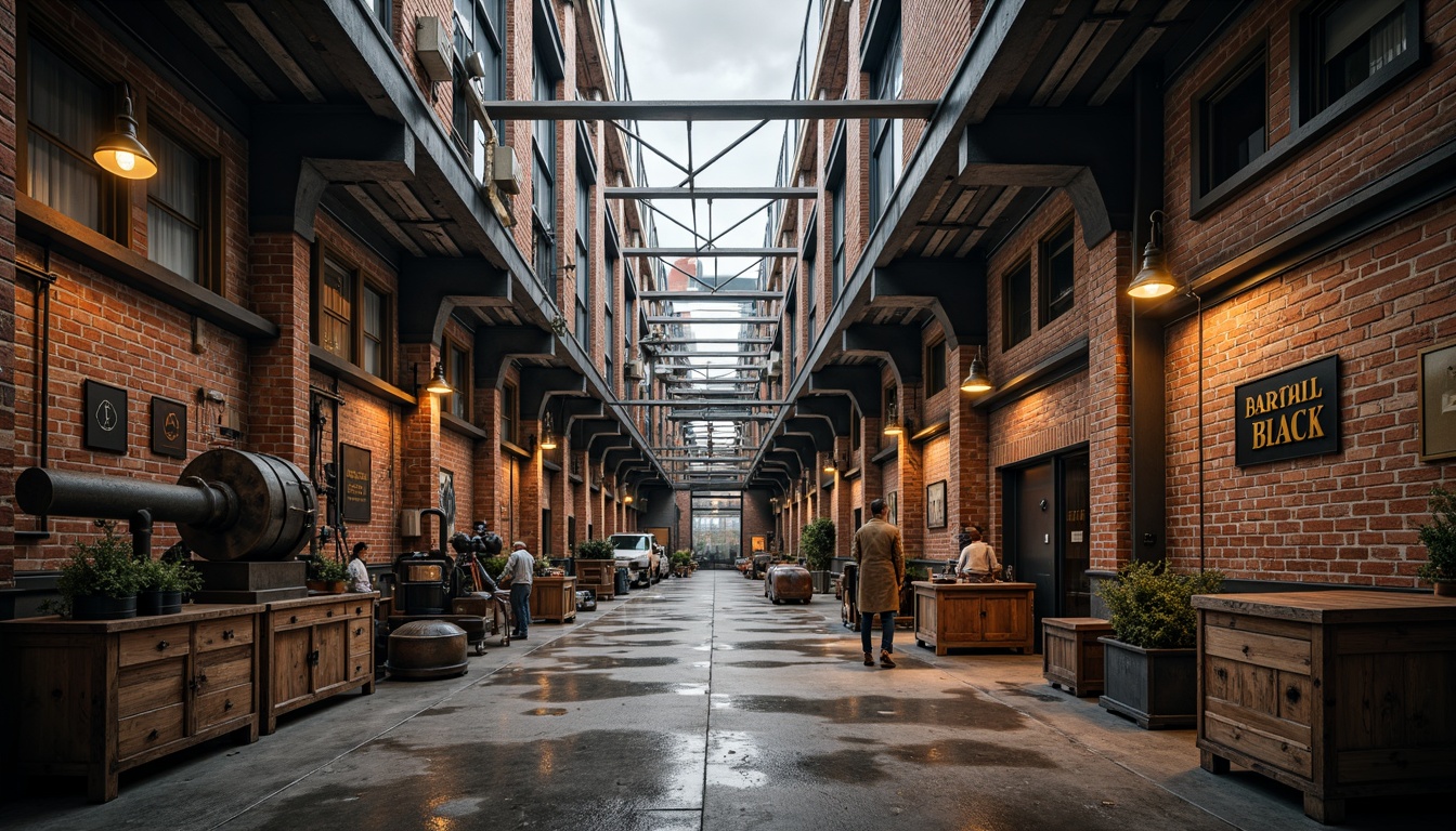 Prompt: Rustic industrial factory, exposed brick walls, metallic beams, reclaimed wood accents, distressed concrete floors, vintage machinery, urban cityscape, cloudy grey sky, warm soft lighting, shallow depth of field, 1/1 composition, realistic textures, ambient occlusion, worn wooden crates, old-fashioned lanterns, faded signage, eclectic mix of materials, post-industrial aesthetic, nostalgic atmosphere.