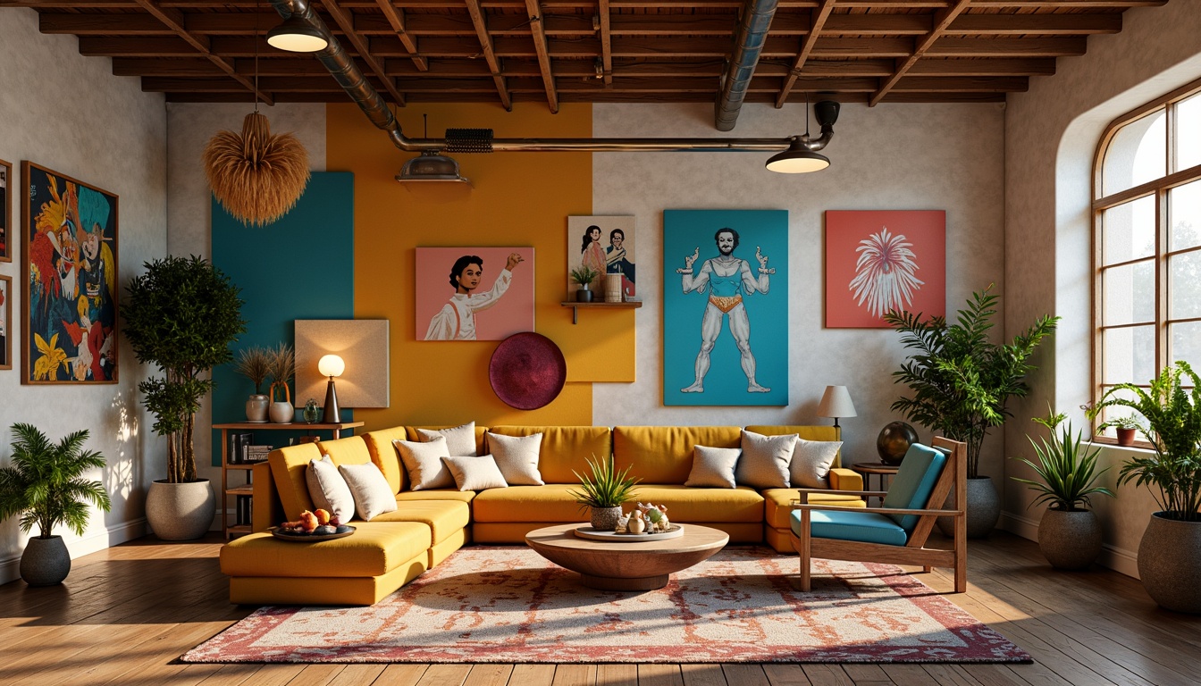 Prompt: Vibrant artistic studio, eclectic furniture, bold color blocking, contrasting textures, abstract artwork, statement lighting fixtures, industrial metal accents, reclaimed wood floors, bohemian-inspired rugs, natural fiber textiles, earthy tone ceramics, warm golden lighting, shallow depth of field, 1/1 composition, realistic renderings, ambient occlusion.