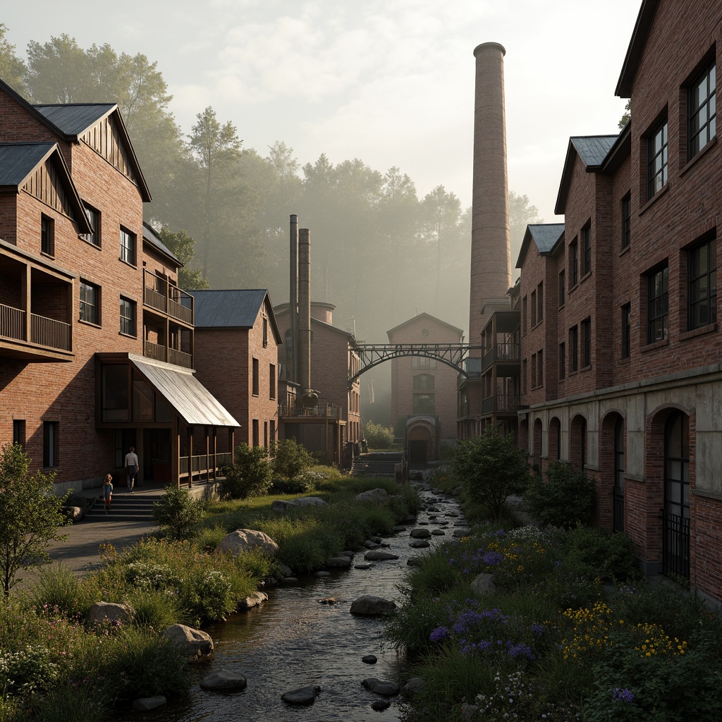 Prompt: Industrial factory complex, rustic brick buildings, corrugated metal roofs, worn concrete walls, vintage machinery, abandoned chimneys, overgrown vegetation, wildflowers, meandering streams, misty atmosphere, soft warm lighting, shallow depth of field, 3/4 composition, panoramic view, realistic textures, ambient occlusion, regionalism-inspired architecture, modern industrial design, functional spaces, exposed ductwork, metal catwalks, reclaimed wood accents, earthy color palette, natural stone pathways, weathered steel bridges.