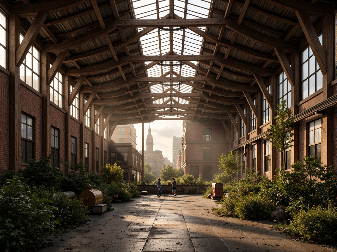 Prompt: Rustic industrial landscape, abandoned factories, distressed brick walls, corrugated metal roofs, worn wooden beams, vintage machinery, urban decay, overgrown vegetation, gritty urban atmosphere, warm golden lighting, shallow depth of field, 1/2 composition, cinematic view, realistic textures, ambient occlusion, nostalgic mood, retro-futuristic elements, exposed ductwork, concrete floors, steel columns, reclaimed wood accents, industrial chic aesthetic.