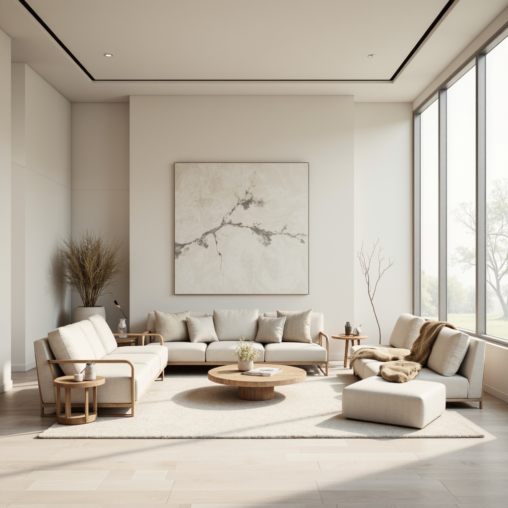 Prompt: Monochromatic minimalistic interior, soft creamy whites, gentle beige tones, subtle gray accents, natural wood textures, sleek metal frames, minimalist furniture, sparse decorative elements, ample negative space, warm diffused lighting, shallow depth of field, 1/1 composition, realistic renderings, ambient occlusion.