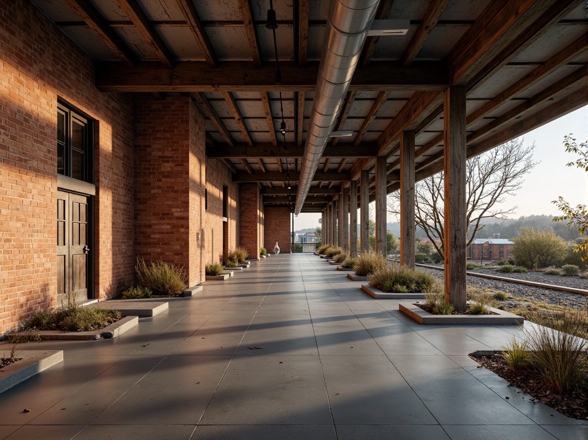 Prompt: Rustic industrial landscape, abandoned factories, worn brick walls, distressed metal roofs, reclaimed wood accents, earthy tones, natural textures, regional materials, local craftsmanship, exposed ductwork, concrete floors, steel beams, functional minimalism, industrial chic aesthetic, warm soft lighting, shallow depth of field, 1/1 composition, realistic renderings, ambient occlusion.