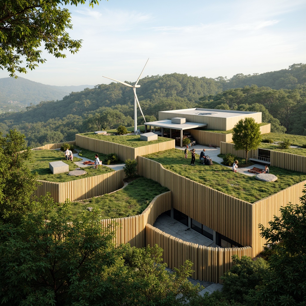 Prompt: Eco-friendly buildings, lush green roofs, solar panels, wind turbines, rainwater harvesting systems, natural ventilation, recycled materials, bamboo facades, living walls, organic shapes, curved lines, earthy tones, serene atmosphere, soft natural lighting, shallow depth of field, 3/4 composition, panoramic view, realistic textures, ambient occlusion.