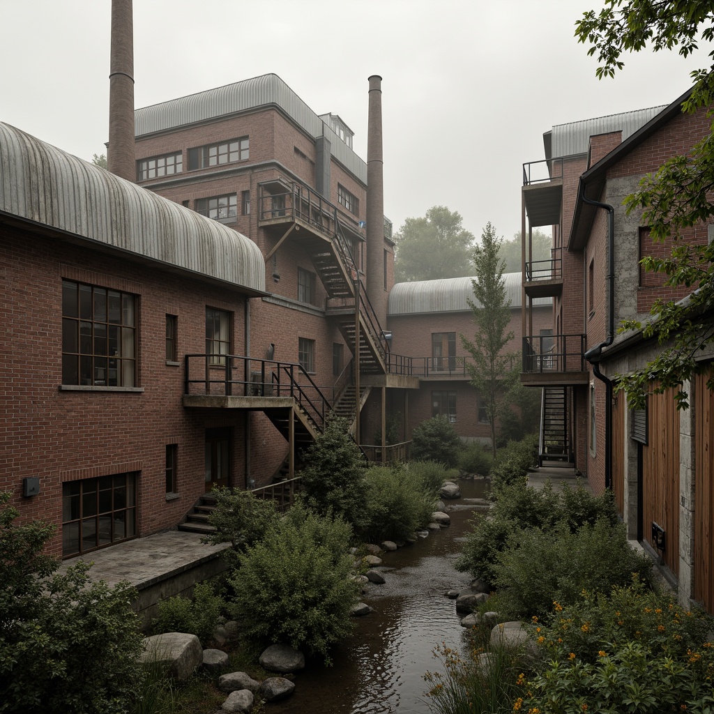 Prompt: Industrial factory complex, rustic brick buildings, corrugated metal roofs, worn concrete walls, vintage machinery, abandoned chimneys, overgrown vegetation, wildflowers, meandering streams, misty atmosphere, soft warm lighting, shallow depth of field, 3/4 composition, panoramic view, realistic textures, ambient occlusion, regionalism-inspired architecture, modern industrial design, functional spaces, exposed ductwork, metal catwalks, reclaimed wood accents, earthy color palette, natural stone pathways, weathered steel bridges.