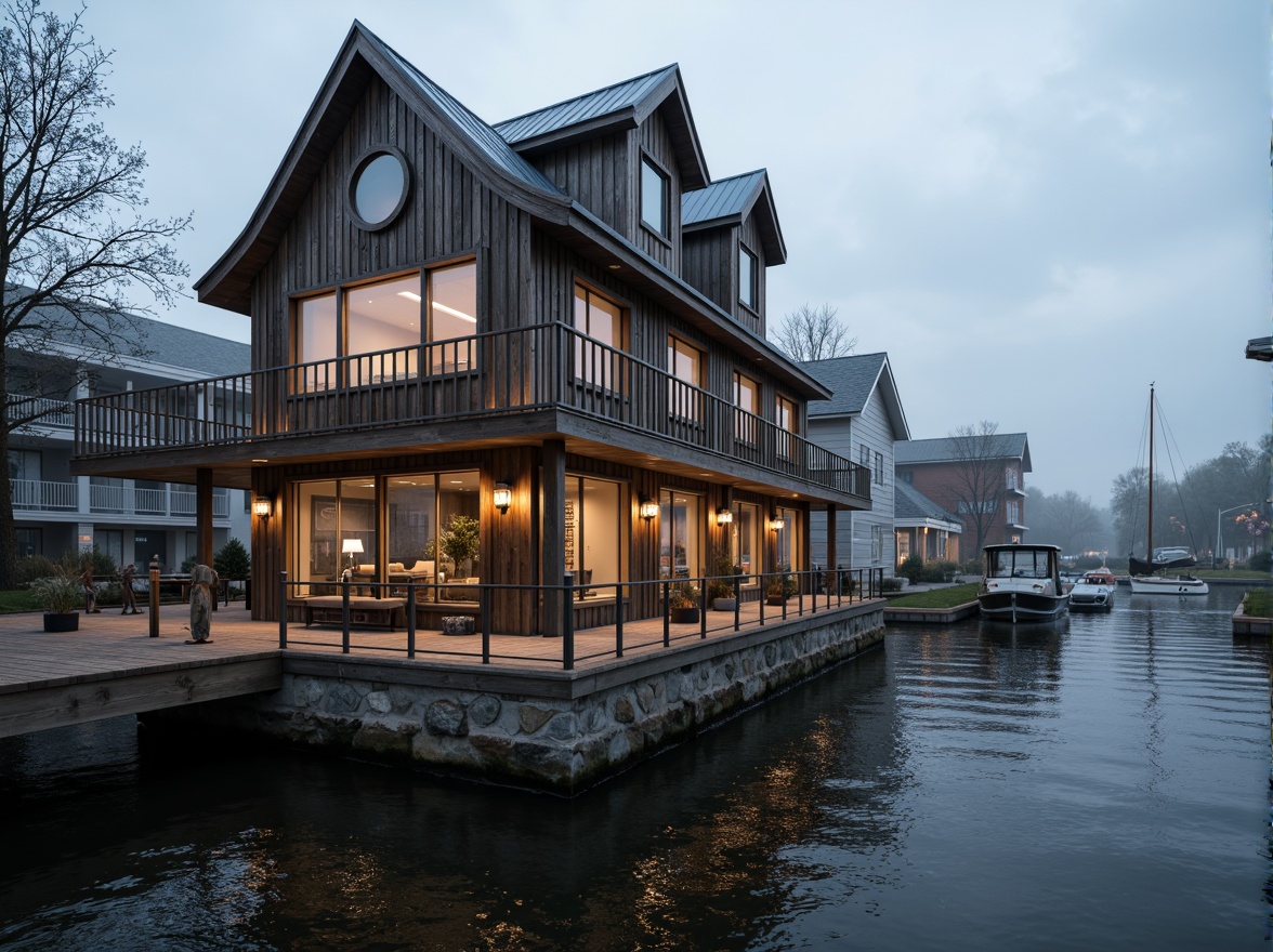 Prompt: Waterfront location, wooden dock, rustic boathouse, classic nautical theme, weathered wood accents, white trim details, pitched rooflines, dormer windows, natural stone foundation, ornate metal railings, lantern-style lighting, soft warm glow, misty morning atmosphere, shallow depth of field, 1/1 composition, realistic textures, ambient occlusion.