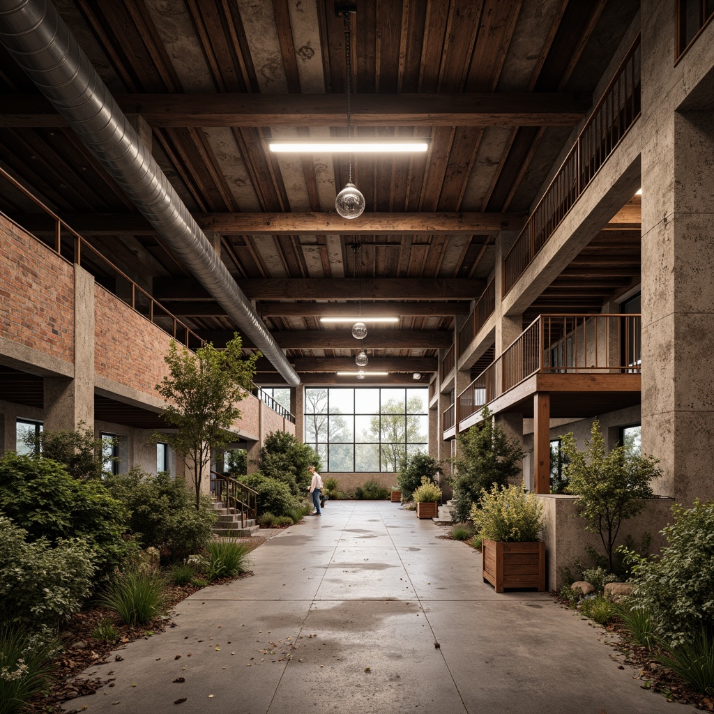 Prompt: Rustic industrial landscape, abandoned factories, worn brick walls, distressed metal roofs, reclaimed wood accents, earthy tones, natural textures, regional materials, local craftsmanship, exposed ductwork, concrete floors, steel beams, functional minimalism, industrial chic aesthetic, warm soft lighting, shallow depth of field, 1/1 composition, realistic renderings, ambient occlusion.