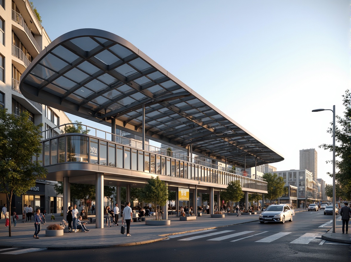 Prompt: Curved bus station canopy, sleek metal framework, transparent glass roofs, modern minimalist architecture, efficient passenger flow, streamlined waiting areas, comfortable seating, real-time information displays, intuitive wayfinding systems, natural stone flooring, urban cityscape, busy streets, morning rush hour, soft warm lighting, shallow depth of field, 3/4 composition, panoramic view, realistic textures, ambient occlusion.