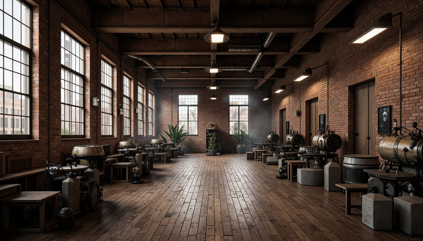 Prompt: Industrial factory setting, exposed brick walls, metal beams, worn wooden floors, vintage machinery, distressed textures, earthy tones, muted colors, rusty reds, weathered blues, faded yellows, industrial greys, urban atmosphere, gritty realism, high contrast lighting, dramatic shadows, cinematic composition, 1/2 camera angle, realistic renderings, ambient occlusion.