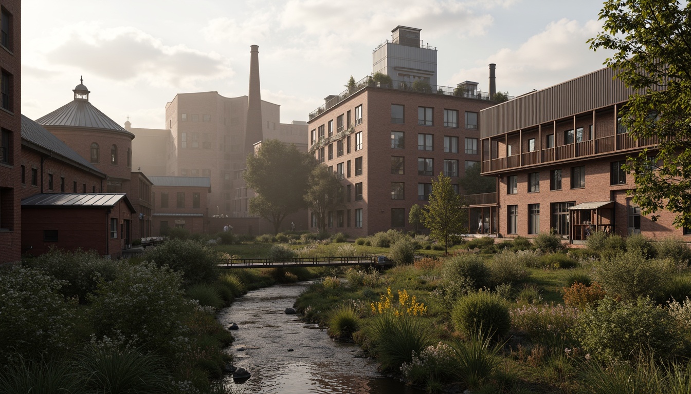 Prompt: Industrial factory complex, rustic brick buildings, corrugated metal roofs, worn concrete walls, vintage machinery, abandoned chimneys, overgrown vegetation, wildflowers, meandering streams, misty atmosphere, soft warm lighting, shallow depth of field, 3/4 composition, panoramic view, realistic textures, ambient occlusion, regionalism-inspired architecture, modern industrial design, functional spaces, exposed ductwork, metal catwalks, reclaimed wood accents, earthy color palette, natural stone pathways, weathered steel bridges.