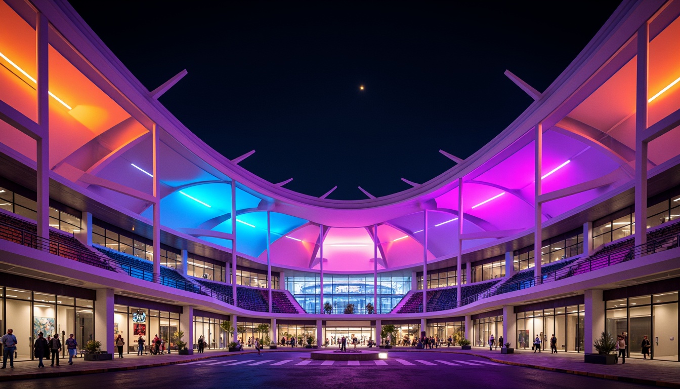 Prompt: Vibrant stadium facade, dynamic curves, bold angular lines, futuristic expressionist architecture, neon-lit LED lights, abstract geometric patterns, irregular shapes, clashing colors, distorted proportions, oversized arches, sweeping cantilevers, dramatic shadows, high-contrast lighting, 1/2 composition, low-angle shot, cinematic atmosphere, realistic materials, ambient occlusion.