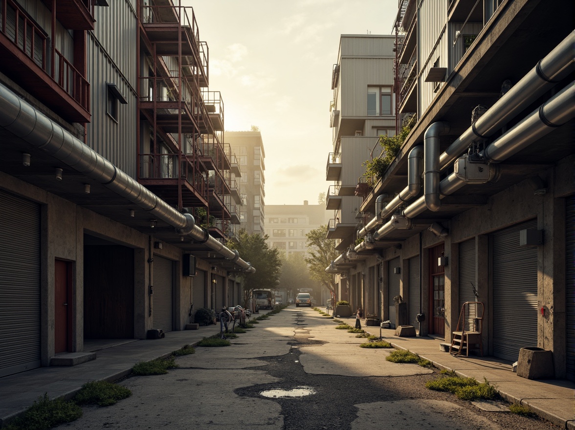 Prompt: Industrial landscape, rugged concrete roads, metallic buildings, exposed ductwork, steel beams, industrial pipes, mechanical equipment, urban cityscape, misty atmosphere, warm golden lighting, shallow depth of field, 2/3 composition, realistic textures, ambient occlusion, muted color palette, earthy tones, rusty reds, deep blues, weathered wood accents, distressed metal finishes, functional design elements.