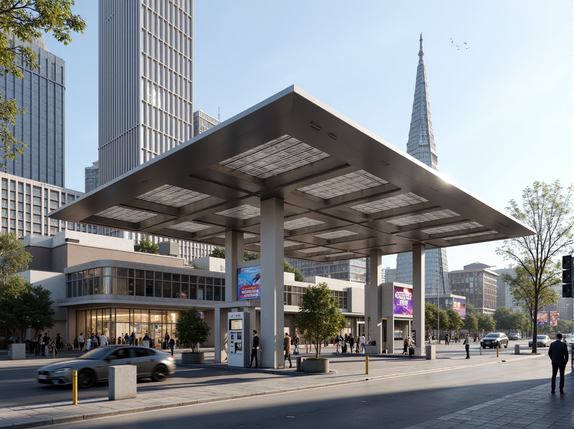 Prompt: Modern gas station, sleek canopy structure, minimalist design, angular lines, stainless steel beams, translucent roofing, natural ventilation, LED lighting, futuristic fuel pumps, digital signage, urban landscape, busy streets, morning sunlight, shallow depth of field, 1/1 composition, realistic textures, ambient occlusion.