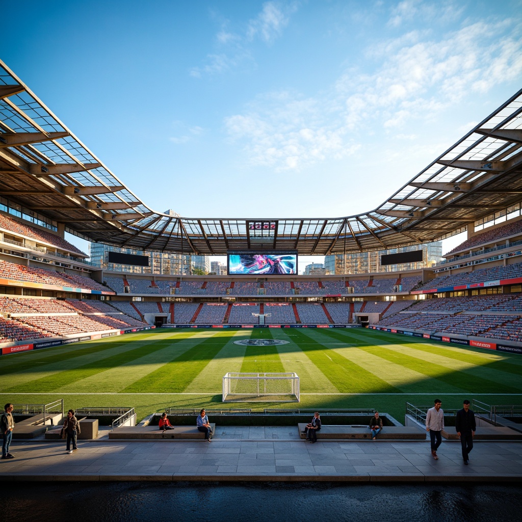 Prompt: Modern soccer stadium housing, sleek metal fa\u00e7ade, transparent glass walls, cantilevered roofs, vibrant team color accents, durable concrete floors, weather-resistant exterior cladding, energy-efficient LED lighting, spacious player lounges, state-of-the-art locker rooms, advanced athletic training facilities, panoramic views of the pitch, dynamic crowd seating areas, urban cityscape backdrop, clear blue sky, warm sunny day, shallow depth of field, 3/4 composition, realistic textures, ambient occlusion.