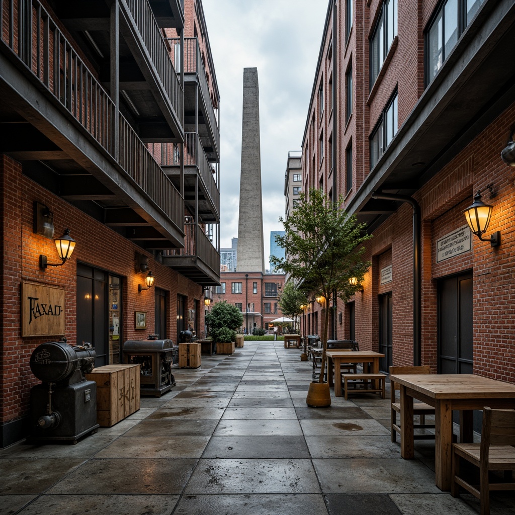 Prompt: Rustic industrial factory, exposed brick walls, metallic beams, reclaimed wood accents, distressed concrete floors, vintage machinery, urban cityscape, cloudy grey sky, warm soft lighting, shallow depth of field, 1/1 composition, realistic textures, ambient occlusion, worn wooden crates, old-fashioned lanterns, faded signage, eclectic mix of materials, post-industrial aesthetic, nostalgic atmosphere.