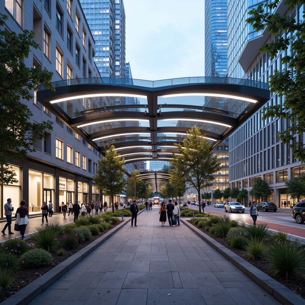 Prompt: Futuristic tram station, curved canopy structure, sleek metal framework, translucent glass roofing, vibrant LED lighting, urban cityscape, bustling streets, modern transportation hub, efficient passenger flow, comfortable waiting areas, real-time information displays, sustainable energy harvesting systems, green roofs, eco-friendly materials, innovative ventilation technologies, shaded outdoor spaces, misting systems, dynamic angular lines, minimalist design, panoramic views, realistic textures, ambient occlusion.