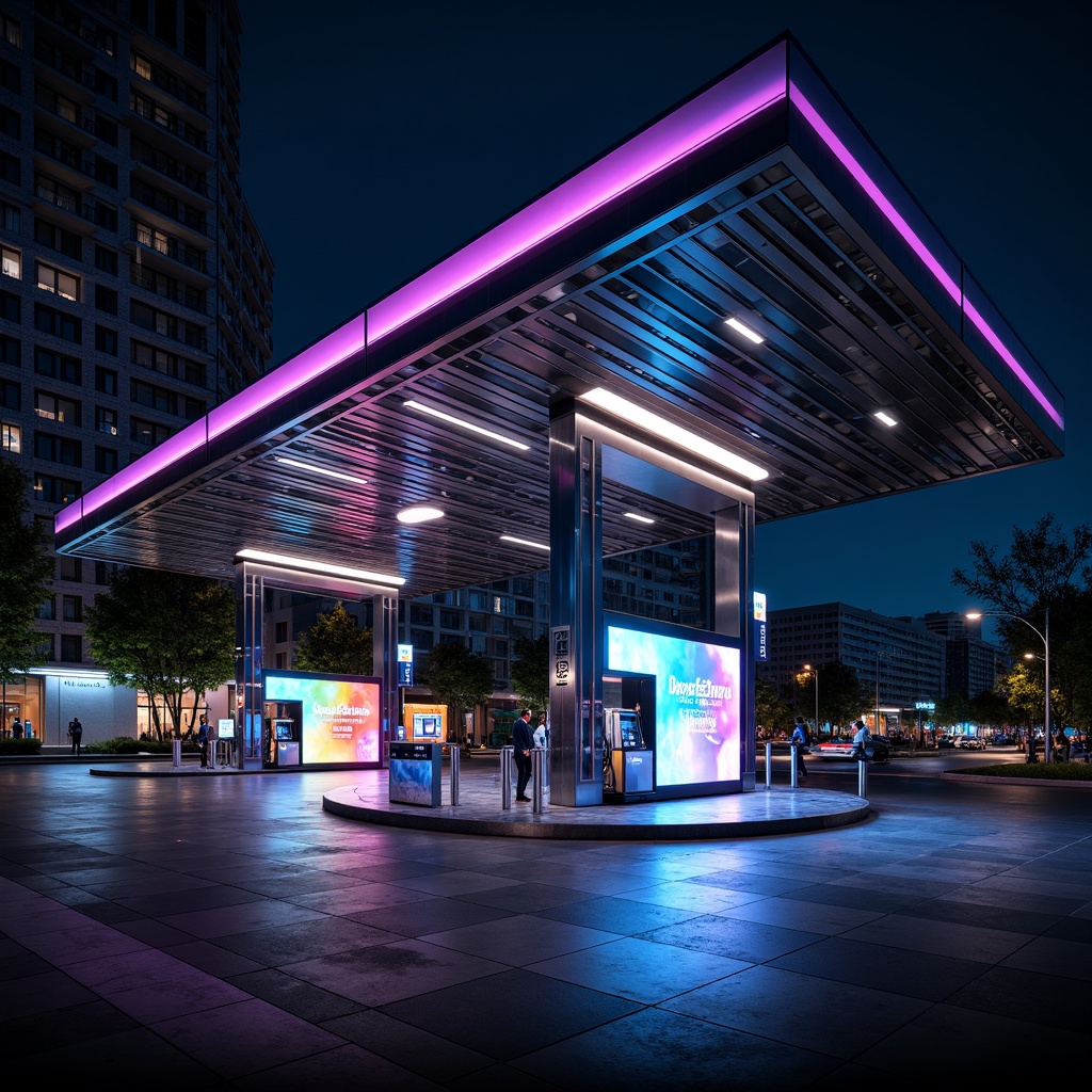 Prompt: Futuristic gas station, sleek metal canopy, neon LED lights, dynamic color-changing effects, modern minimalist architecture, angular lines, reflective glass surfaces, high-gloss finishes, stainless steel accents, futuristic fuel pumps, digital display screens, electronic payment systems, urban cityscape, night scene, dramatic shadows, high-contrast lighting, 1/1 composition, shallow depth of field, realistic textures, ambient occlusion.