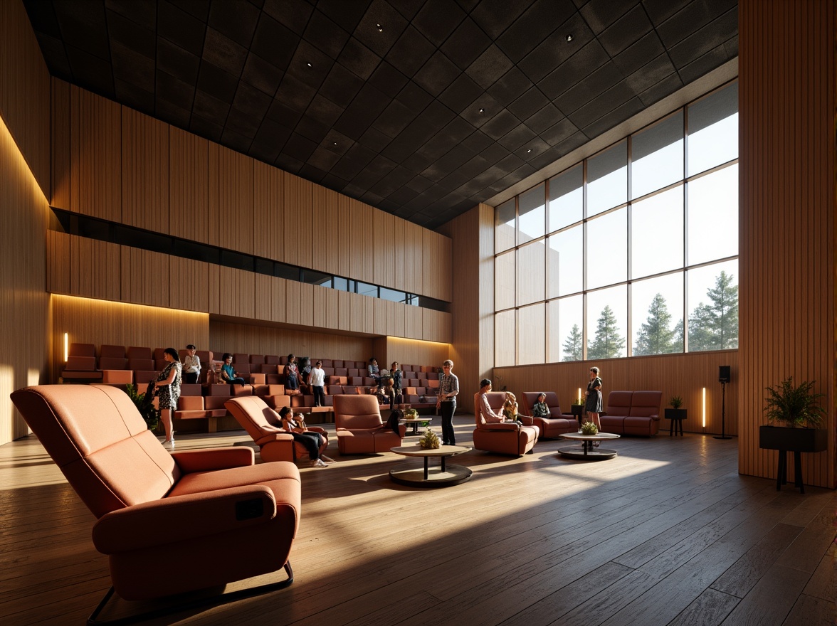 Prompt: Grand auditorium, high ceilings, expansive windows, natural light pouring in, warm wooden tones, comfortable seating, state-of-the-art sound systems, minimal ornamentation, sleek modern architecture, subtle color palette, soft diffused lighting, 1/1 composition, realistic textures, ambient occlusion.