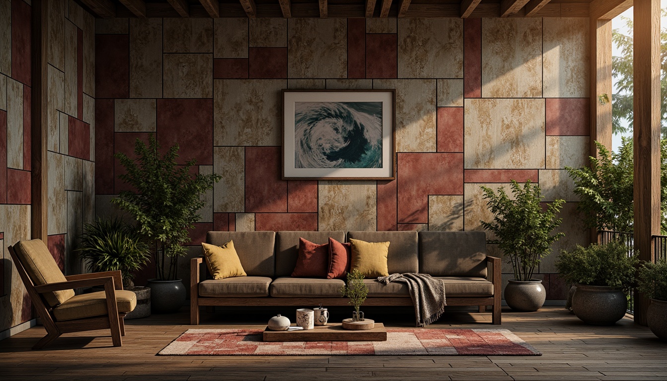 Prompt: Rustic wooden planks, distressed metal panels, rough-hewn stone walls, earthy tone color palette, natural material textures, organic shapes, irregular forms, abstract patterns, moody atmospheric lighting, warm golden hour, shallow depth of field, 1/2 composition, realistic renderings, ambient occlusion.