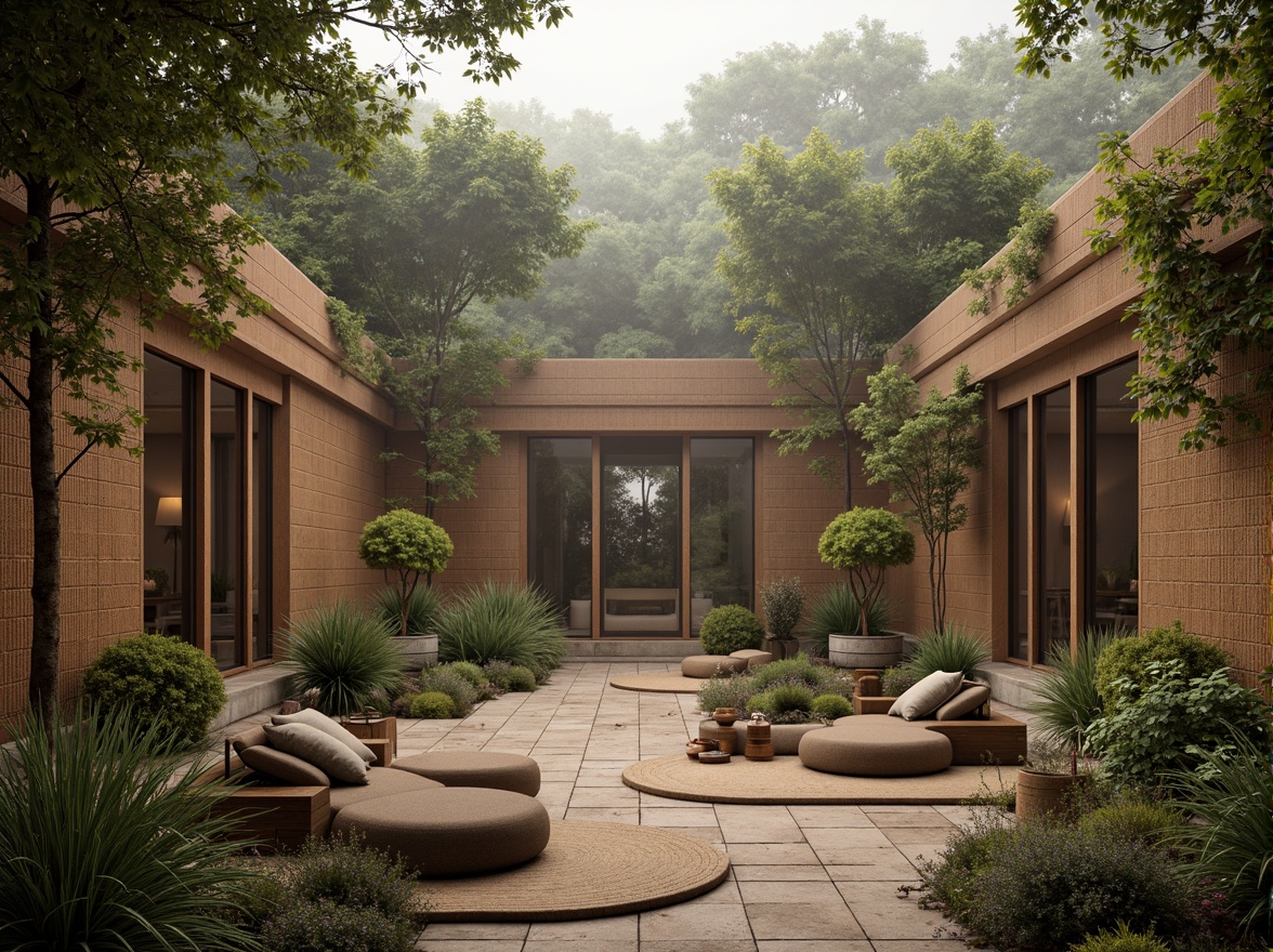 Prompt: Earthy tones, natural materials, woven fibers, reclaimed wood accents, living walls, green roofs, organic shapes, curved lines, soft warm lighting, earthy scent, misty atmosphere, serene ambiance, 3/4 composition, shallow depth of field, realistic textures, ambient occlusion.