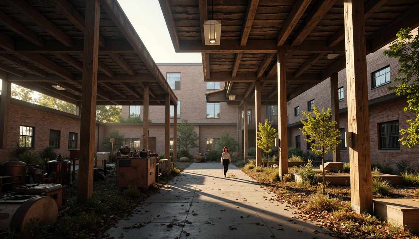 Prompt: Rustic industrial landscape, abandoned factories, distressed brick walls, corrugated metal roofs, worn wooden beams, vintage machinery, urban decay, overgrown vegetation, gritty urban atmosphere, warm golden lighting, shallow depth of field, 1/2 composition, cinematic view, realistic textures, ambient occlusion, nostalgic mood, retro-futuristic elements, exposed ductwork, concrete floors, steel columns, reclaimed wood accents, industrial chic aesthetic.