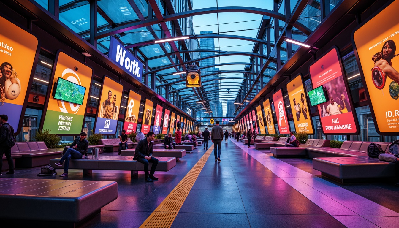 Prompt: Vibrant tram station, bold color scheme, neon lights, futuristic architecture, curved lines, metallic surfaces, glass roofs, urban cityscape, morning rush hour, soft natural light, shallow depth of field, 1/2 composition, realistic textures, ambient occlusion, modern signage, digital displays, sleek benches, stainless steel handrails, dynamic pedestrian flow.