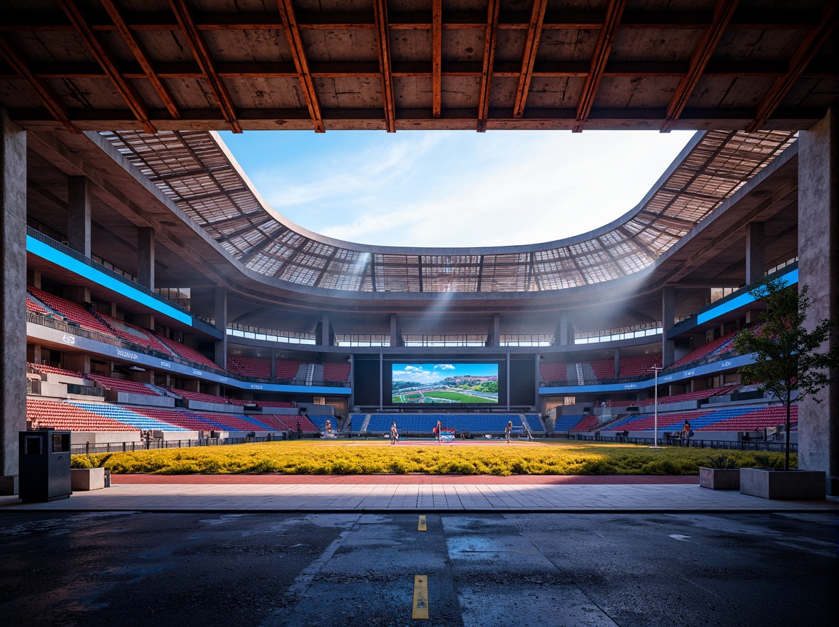 Prompt: Vibrant stadium, expressionist architecture, bold concrete structures, rough stone walls, rusty metal beams, distressed wood accents, dynamic curved lines, abstract geometric patterns, bright neon lights, electric atmosphere, intense shadows, high-contrast colors, dramatic spotlights, cinematic composition, 1/2 camera angle, shallow depth of field, realistic textures, ambient occlusion.