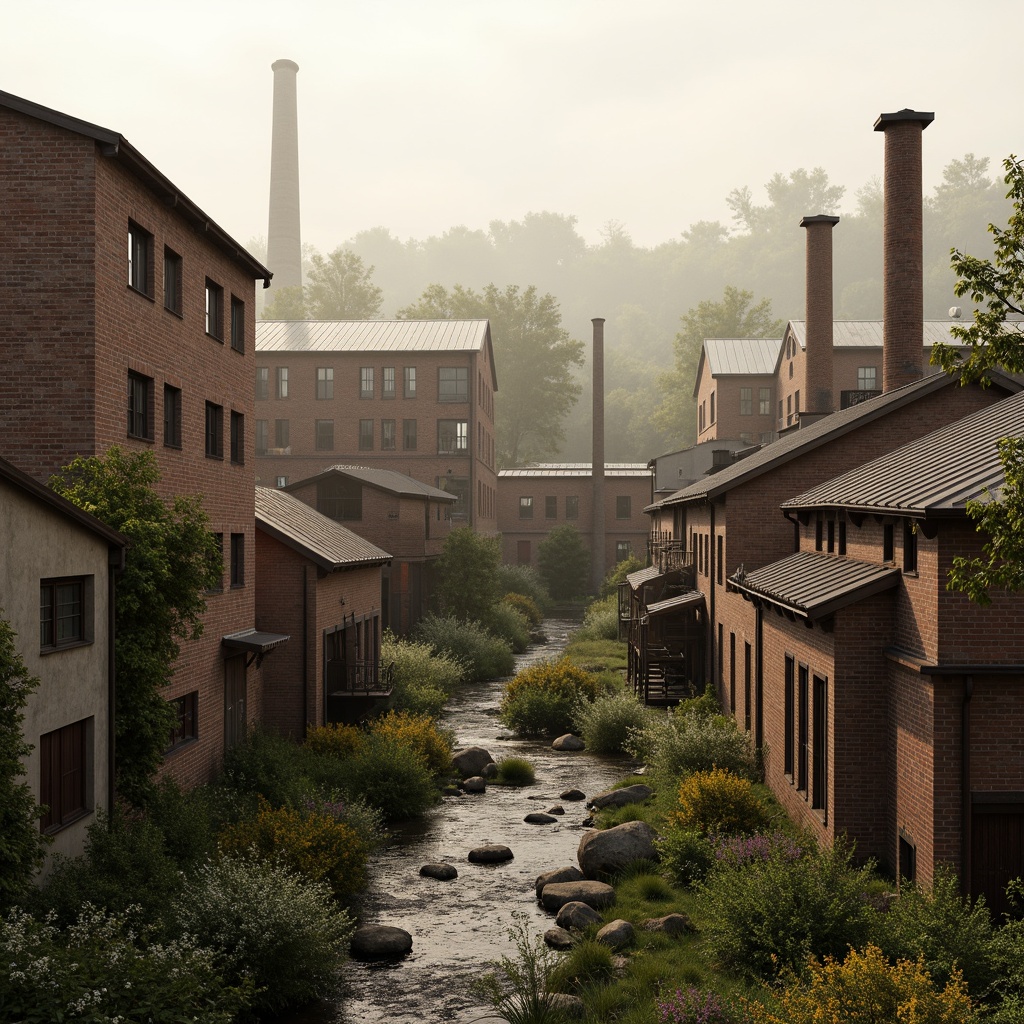 Prompt: Industrial factory complex, rustic brick buildings, corrugated metal roofs, worn concrete walls, vintage machinery, abandoned chimneys, overgrown vegetation, wildflowers, meandering streams, misty atmosphere, soft warm lighting, shallow depth of field, 3/4 composition, panoramic view, realistic textures, ambient occlusion, regionalist architectural style, functional simplicity, earthy color palette, distressed finishes, reclaimed wood accents, metal cladding, industrial heritage, nostalgic ambiance.