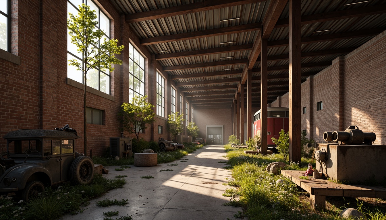 Prompt: Rustic industrial landscape, abandoned factories, distressed brick walls, corrugated metal roofs, worn wooden beams, vintage machinery, urban decay, overgrown vegetation, gritty urban atmosphere, warm golden lighting, shallow depth of field, 1/2 composition, cinematic view, realistic textures, ambient occlusion, nostalgic mood, retro-futuristic elements, exposed ductwork, concrete floors, steel columns, reclaimed wood accents, industrial chic aesthetic.