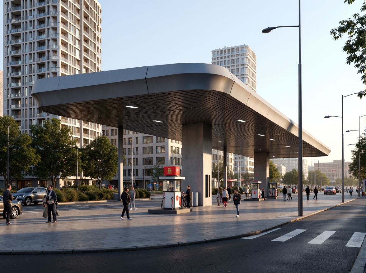 Prompt: Modern gas station, sleek canopy structure, angular lines, minimalist design, stainless steel columns, LED lighting, futuristic aesthetic, urban landscape, busy streets, cityscape, morning sunlight, soft warm glow, shallow depth of field, 3/4 composition, panoramic view, realistic textures, ambient occlusion.