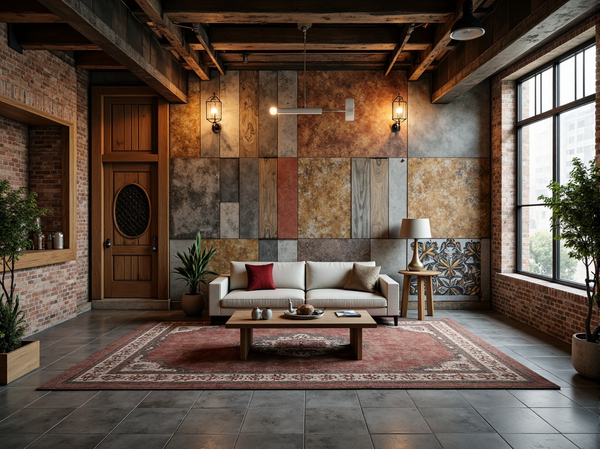 Prompt: Rustic stone walls, weathered wooden planks, distressed metal panels, ornate ceramic tiles, vibrant mosaic patterns, natural brick facades, rough-hewn concrete blocks, reclaimed wood accents, industrial steel beams, exposed ductwork, urban loft atmosphere, warm golden lighting, shallow depth of field, 1/1 composition, realistic textures, ambient occlusion.