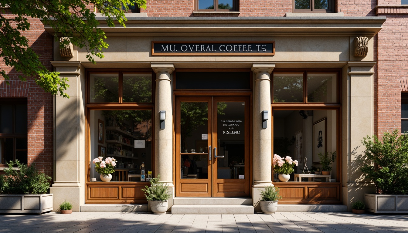 Prompt: Rustic coffee shop facade, academic architectural style, brick walls, stone columns, ornate details, wooden doors, vintage signage, cozy atmosphere, warm lighting, earthy tones, natural materials, greenery surroundings, blooming flowers, sunny day, soft focus, shallow depth of field, 1/1 composition, realistic textures, ambient occlusion.