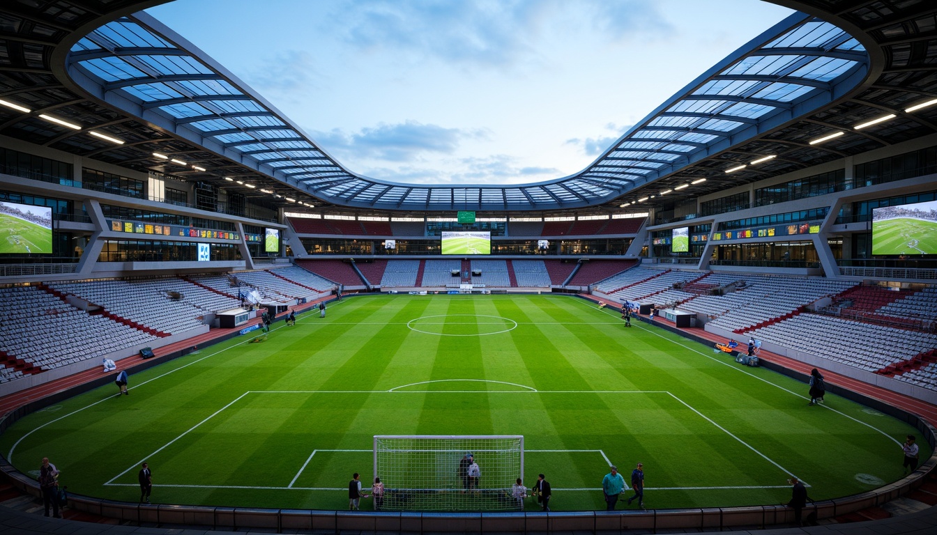 Prompt: Modern soccer stadium, sleek curved lines, cantilevered roofs, transparent glass facades, steel structures, vibrant green seats, lush grass fields, athletic tracks, scoreboard displays, floodlighting systems, evening ambiance, shallow depth of field, 1/1 composition, realistic textures, ambient occlusion, durable concrete flooring, weather-resistant exterior cladding, sound-absorbing interior materials, eco-friendly sustainable design, natural ventilation systems, spacious player lounges, state-of-the-art locker rooms.