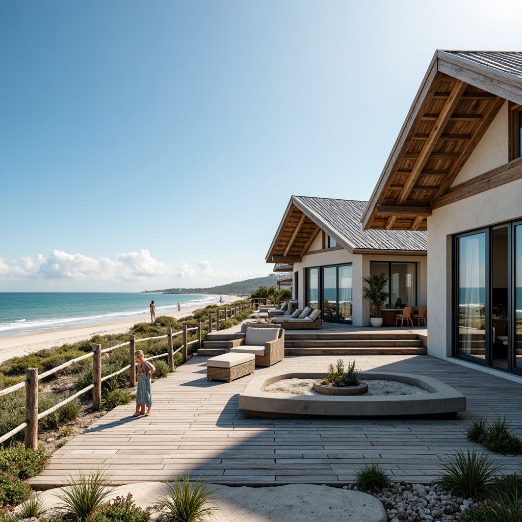 Prompt: Seaside villa, oceanfront views, sandy beaches, driftwood accents, nautical ropes, weathered wooden decks, corrugated metal roofs, large windows, sliding glass doors, beachy color palette, salty air, sea spray mist, warm sunny day, soft natural lighting, shallow depth of field, 1/1 composition, symmetrical architecture, modern coastal style, eco-friendly materials, sustainable design elements, wind-resistant structures, outdoor seating areas, beach-inspired furniture, ocean-blue hues, seashell decorations.