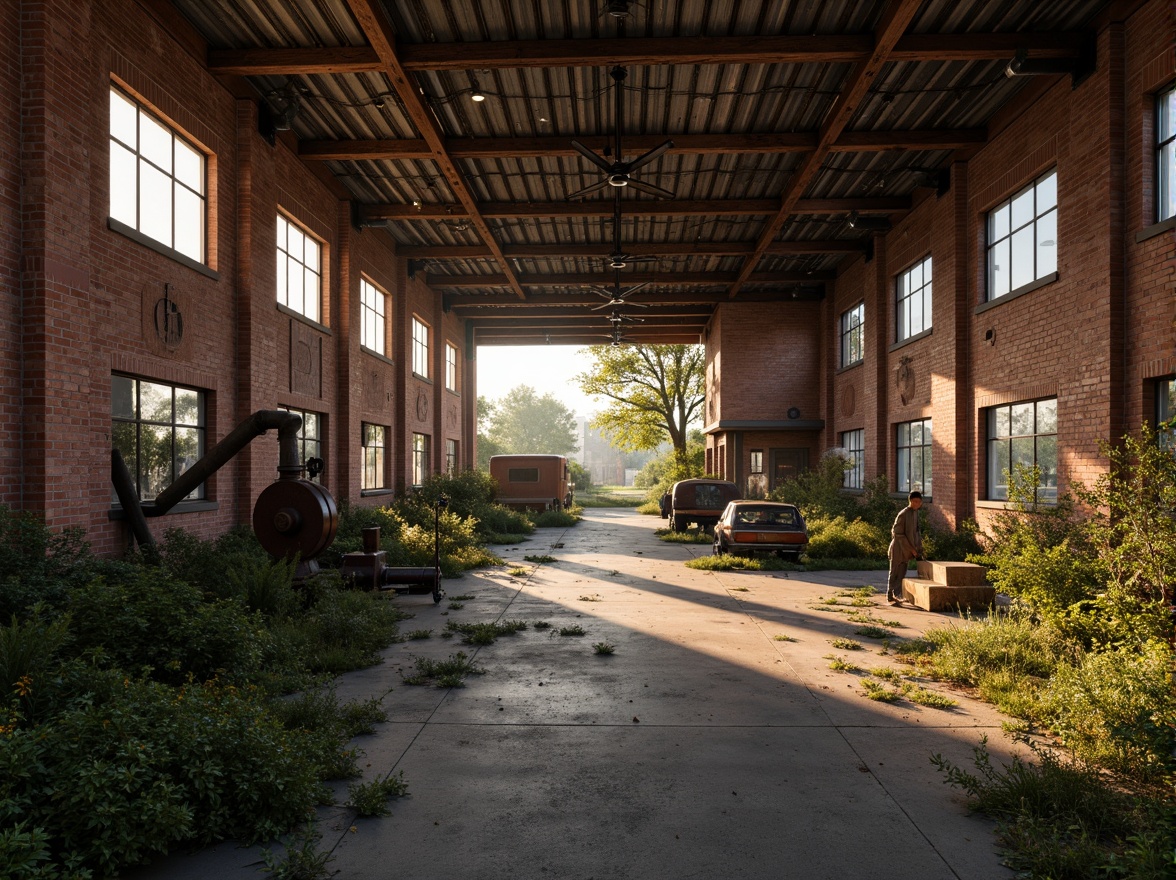 Prompt: Rustic industrial landscape, abandoned factories, distressed brick walls, corrugated metal roofs, worn wooden beams, vintage machinery, urban decay, overgrown vegetation, gritty urban atmosphere, warm golden lighting, shallow depth of field, 1/2 composition, cinematic view, realistic textures, ambient occlusion, nostalgic mood, retro-futuristic elements, exposed ductwork, concrete floors, steel columns, reclaimed wood accents, industrial chic aesthetic.