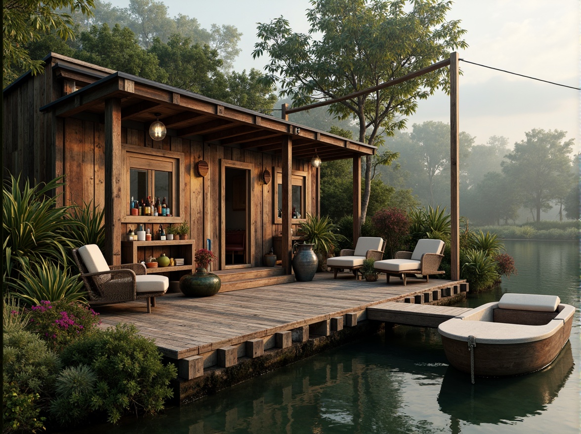 Prompt: Whimsical boathouse, eclectic facade, distressed wood textures, vintage nautical elements, rusty metal accents, colorful glass bottles, woven wicker furniture, lush greenery, overgrown vegetation, misty morning atmosphere, soft warm lighting, shallow depth of field, 1/1 composition, realistic water reflections, ambient occlusion.