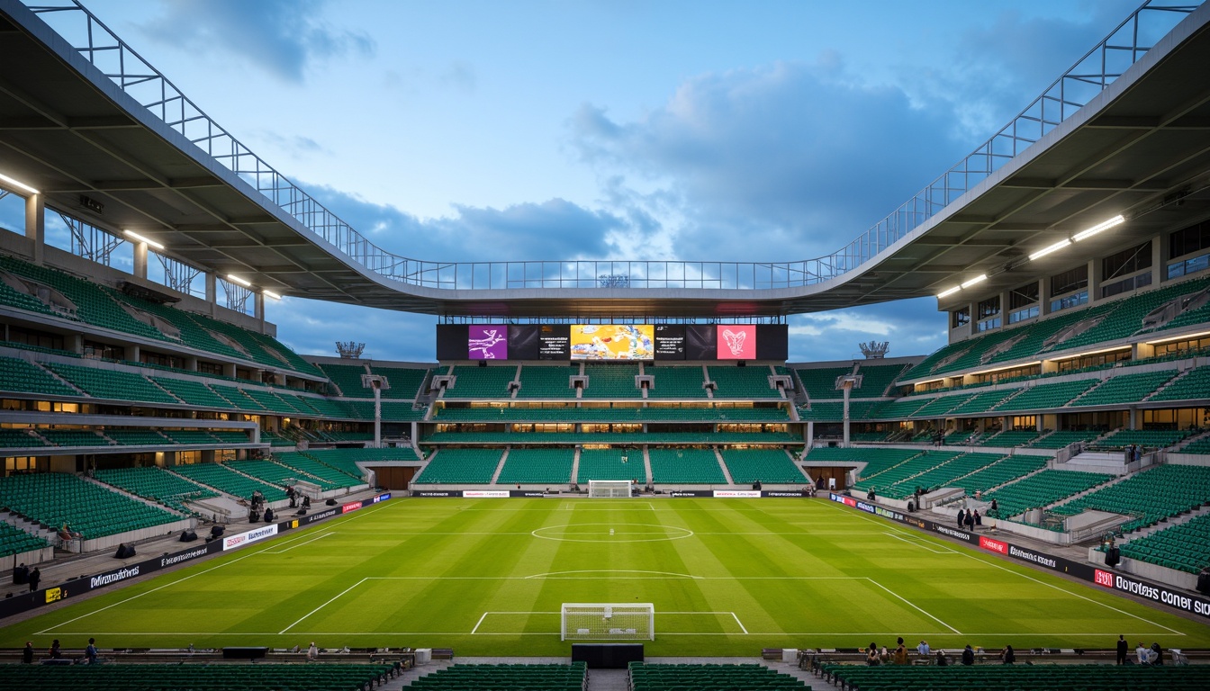 Prompt: Modern soccer stadium, sleek curved lines, cantilevered roofs, transparent glass facades, steel structures, vibrant green seats, lush grass fields, athletic tracks, scoreboard displays, floodlighting systems, evening ambiance, shallow depth of field, 1/1 composition, realistic textures, ambient occlusion, durable concrete flooring, weather-resistant exterior cladding, sound-absorbing interior materials, eco-friendly sustainable design, natural ventilation systems, spacious player lounges, state-of-the-art locker rooms.