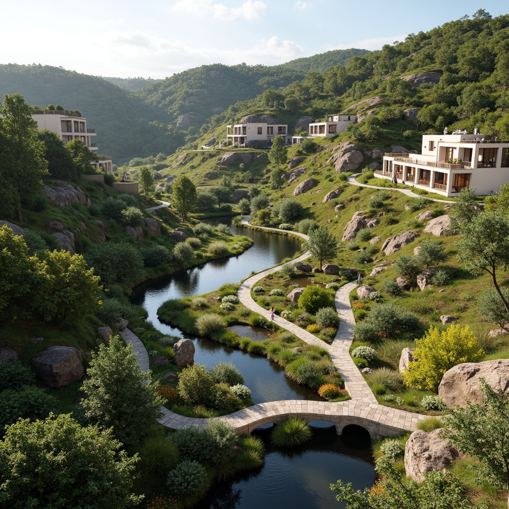 Prompt: Undulating hills, serpentine roads, winding water features, organic curvilinear buildings, fluid architecture, harmonious landscape integration, lush greenery, vibrant wildflowers, meandering pathways, natural stone walls, rustic wooden bridges, soft warm lighting, shallow depth of field, 3/4 composition, panoramic view, realistic textures, ambient occlusion.