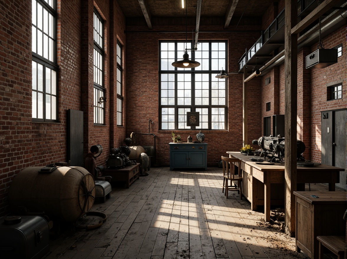 Prompt: Industrial factory setting, exposed brick walls, metal beams, worn wooden floors, vintage machinery, distressed textures, earthy tones, muted colors, rusty reds, weathered blues, faded yellows, industrial greys, urban atmosphere, gritty realism, high contrast lighting, dramatic shadows, cinematic composition, 1/2 camera angle, realistic renderings, ambient occlusion.