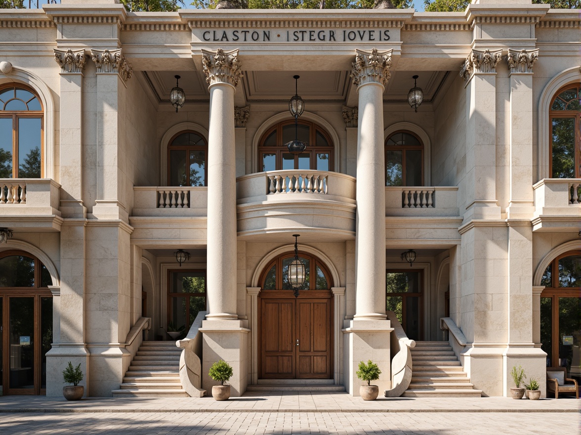 Prompt: Grandiose building facade, ornate columns, intricately carved details, symmetrical composition, classical proportions, limestone or marble materials, subtle color palette, soft natural light, warm afternoon ambiance, shallow depth of field, 2/3 composition, realistic textures, ambient occlusion, ornamental balustrades, decorative friezes, sculpted pediments, grand entranceways, sweeping staircases, elegant archways, refined moldings, luxurious ornamentation.