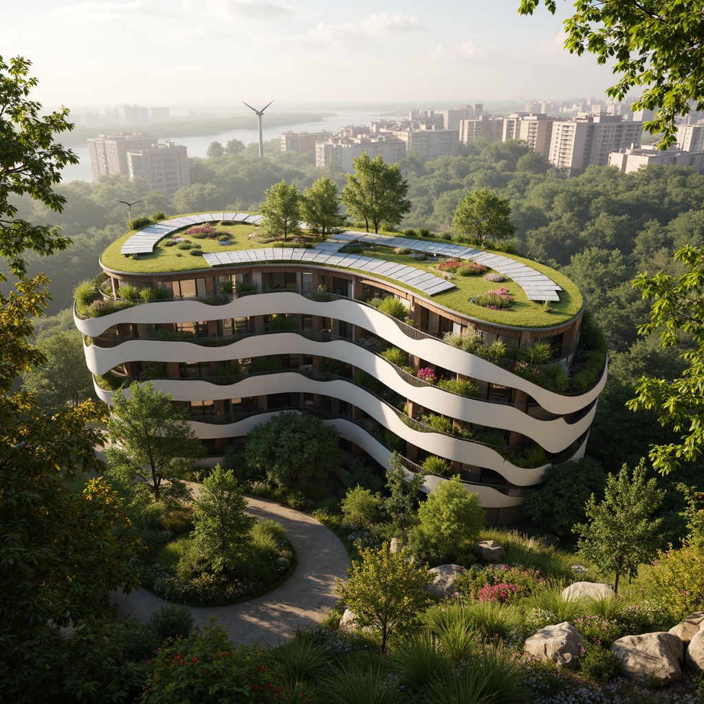 Prompt: Eco-friendly apartment building, curved blob-like shape, green roofs, solar panels, wind turbines, rainwater harvesting systems, recycled materials, natural ventilation, large windows, minimal ornamentation, soft warm lighting, shallow depth of field, 3/4 composition, panoramic view, realistic textures, ambient occlusion, lush greenery, vibrant flowers, urban forest, morning sunlight, gentle breeze, peaceful atmosphere.