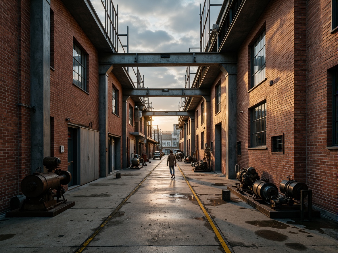 Prompt: Industrial factory setting, exposed brick walls, metal beams, worn wooden floors, distressed concrete textures, vintage machinery, rusty pipes, urban cityscape, cloudy grey skies, warm golden lighting, shallow depth of field, 1/2 composition, realistic materials, ambient occlusion, muted color palette, earthy tones, weathered steel blues, faded reds, industrial greens, creamy whites, rich browns.