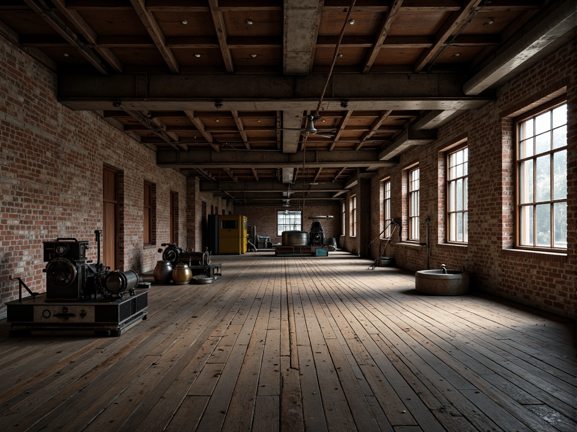 Prompt: Industrial factory setting, exposed brick walls, metal beams, worn wooden floors, vintage machinery, distressed textures, earthy tones, muted colors, rusty reds, weathered blues, faded yellows, industrial greys, urban atmosphere, gritty realism, high contrast lighting, dramatic shadows, cinematic composition, 1/2 camera angle, realistic renderings, ambient occlusion.