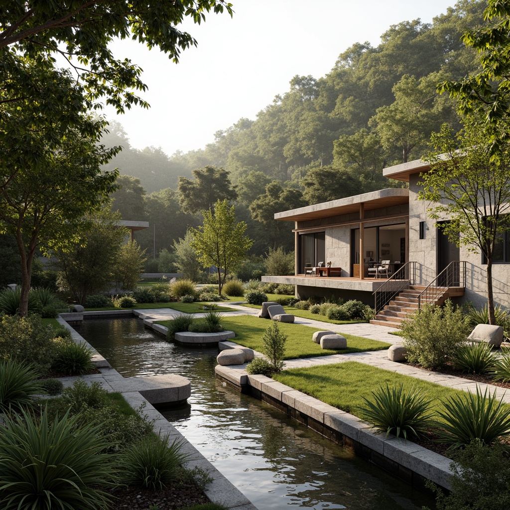 Prompt: Seamless landscape integration, organic architecture, curved lines, natural stone walls, green roofs, lush vegetation, native plants, meandering pathways, serene water features, reflecting pools, wooden decks, cantilevered structures, minimalist design, earthy tones, warm lighting, soft focus, shallow depth of field, 2/3 composition, atmospheric perspective, realistic textures, ambient occlusion.