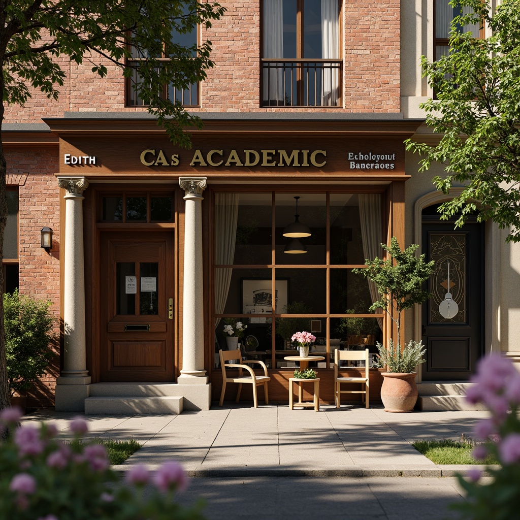 Prompt: Rustic coffee shop facade, academic architectural style, brick walls, stone columns, ornate details, wooden doors, vintage signage, cozy atmosphere, warm lighting, earthy tones, natural materials, greenery surroundings, blooming flowers, sunny day, soft focus, shallow depth of field, 1/1 composition, realistic textures, ambient occlusion.