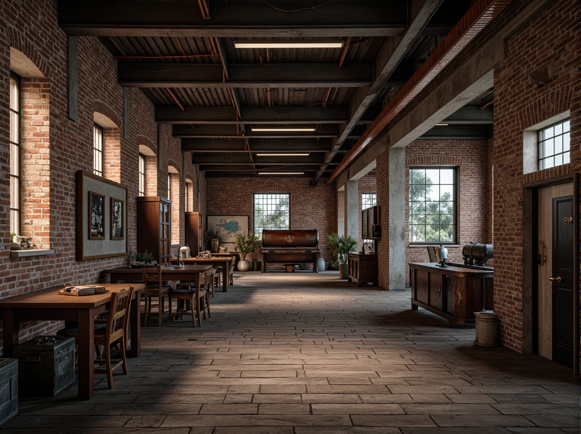 Prompt: Industrial factory setting, exposed brick walls, metal beams, worn wooden floors, vintage machinery, distressed textures, earthy tones, muted colors, rusty reds, weathered blues, faded yellows, industrial greys, urban atmosphere, gritty realism, high contrast lighting, dramatic shadows, cinematic composition, 1/2 camera angle, realistic renderings, ambient occlusion.