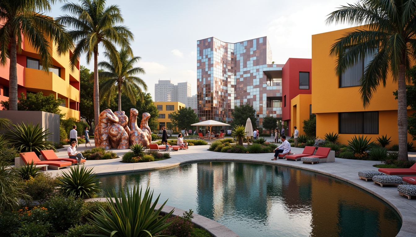 Prompt: Vibrant postmodern buildings, irregular shapes, bold colors, abstract sculptures, fragmented forms, playful water features, meandering walkways, lush greenery, exotic plants, tropical flowers, statement trees, eclectic furniture, mosaic patterns, geometric textures, warm ambient lighting, shallow depth of field, 1/1 composition, panoramic view, realistic reflections, atmospheric fog.