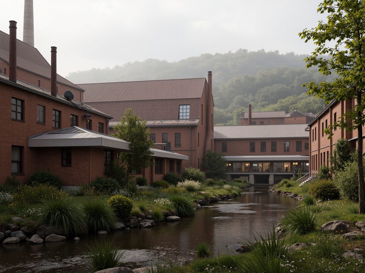 Prompt: Industrial factory complex, rustic brick buildings, corrugated metal roofs, worn concrete walls, vintage machinery, abandoned chimneys, overgrown vegetation, wildflowers, meandering streams, misty atmosphere, soft warm lighting, shallow depth of field, 3/4 composition, panoramic view, realistic textures, ambient occlusion, regionalism-inspired architecture, modern industrial design, functional spaces, exposed ductwork, metal catwalks, reclaimed wood accents, earthy color palette, natural stone pathways, weathered steel bridges.